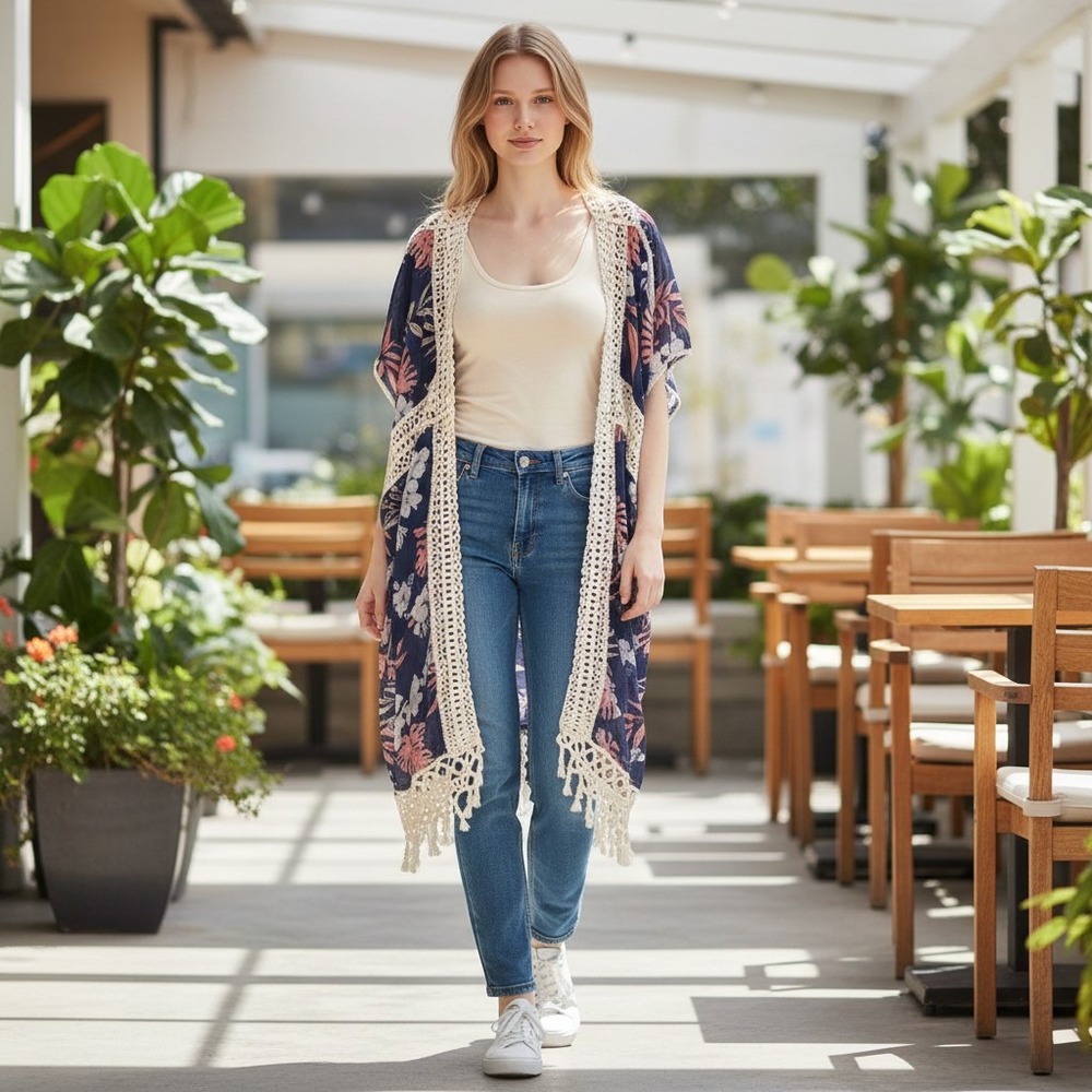 Ember Crochet Floral Tunic Boho Navy Pink Tropical Kimono Wrap Large